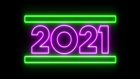animación de parpadeante número de neón púrpura 2021 y barras verdes sobre fondo negro