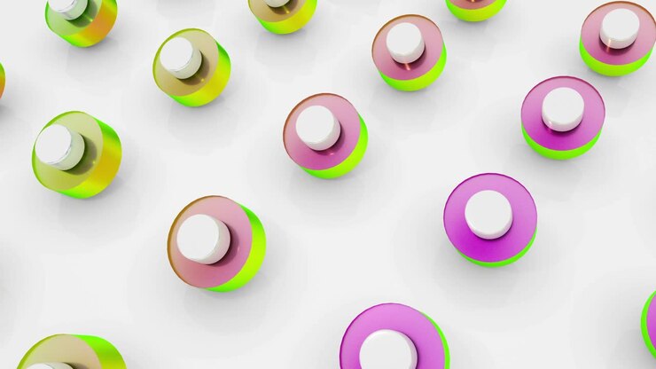 Set different holographic colors 3d shapes object rotating. 4k seamless loop animation footage.