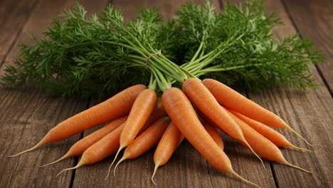freshly harvested carrots displaying vibrant orange color and abundant green tops, perfectly arranged on a rustic wooden surface for a natural culinary appeal
