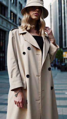 stylish woman in trench coat and hat in urban setting