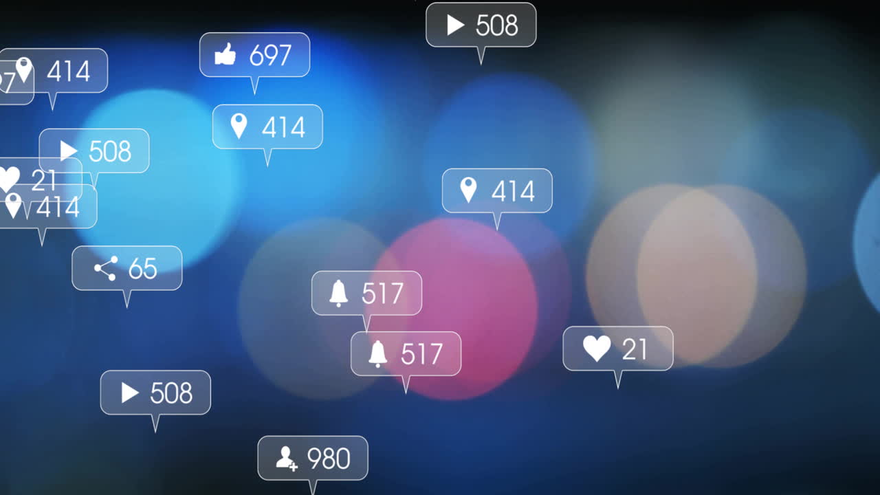 검은색 배경의 밝은 반점 위에 점점 더 많은 수의 소셜 미디어 아이콘의 애니메이션