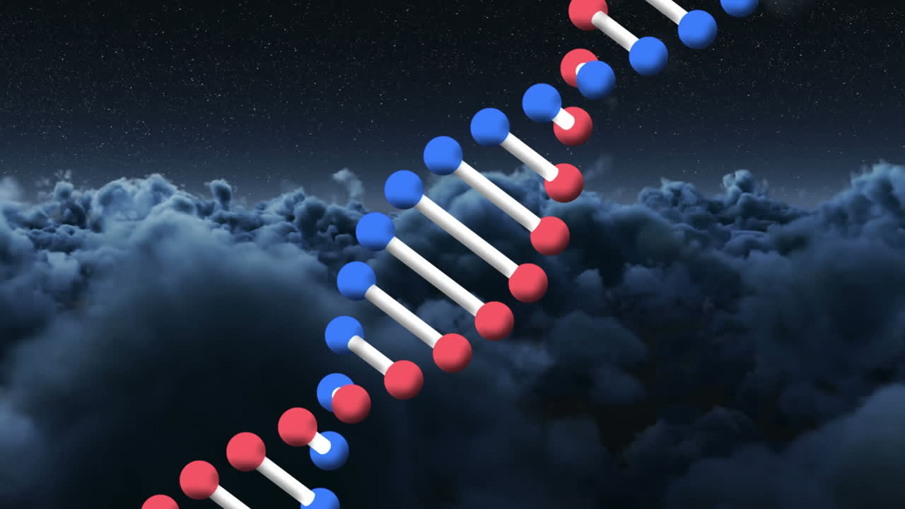 animación de una cadena de adn girando sobre el cielo