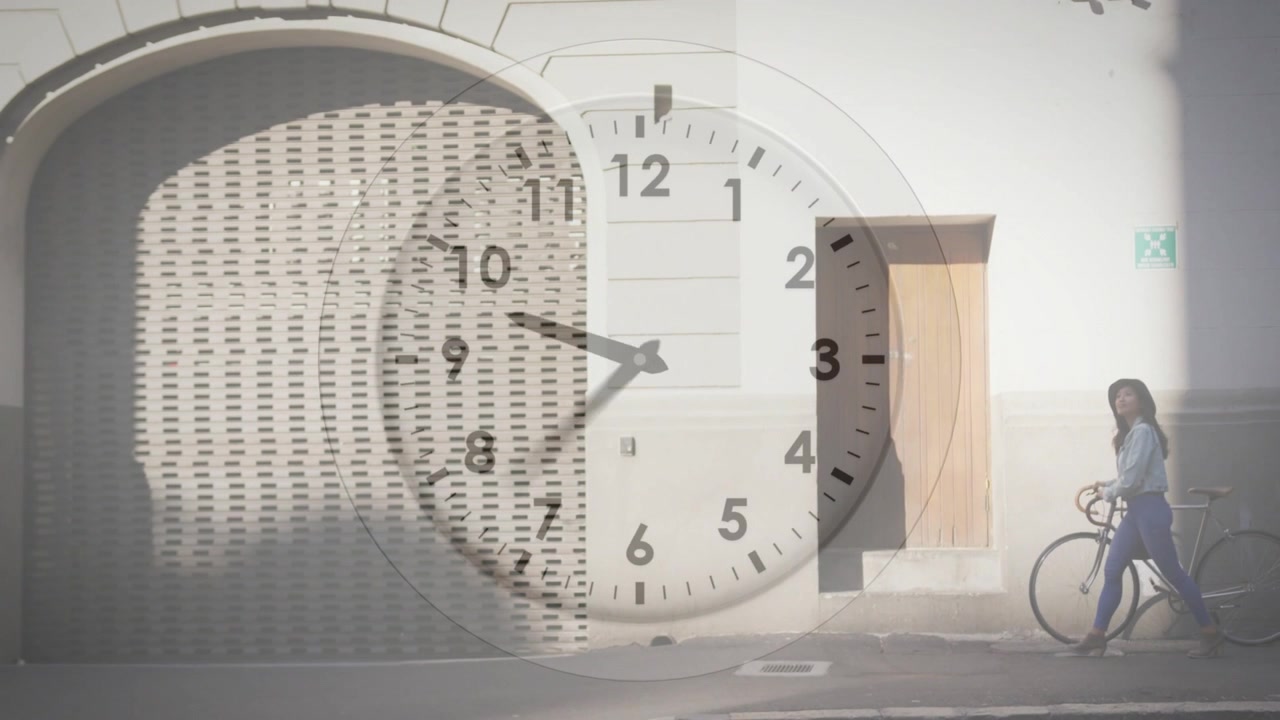 Woman commuter appearing from right edge, pushing bicycle while clock overlay advancing, commuting
