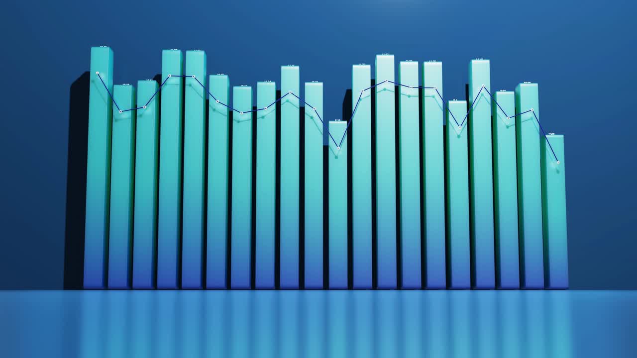 fondo financiero. hermoso fondo azul para programas analíticos con infografías abstractas, datos estadísticos. barras, contadores y gráficos. columnas 3d se mueven suavemente arriba y abajo en bucle.