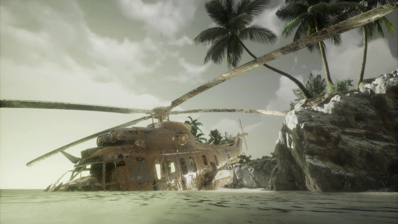 Forgotten helicopter rests quietly on a tranquil shore under the setting sun