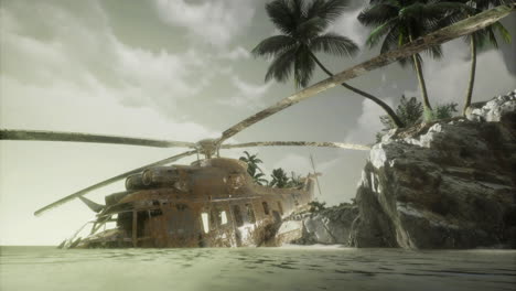 forgotten helicopter rests quietly on a tranquil shore under the setting sun