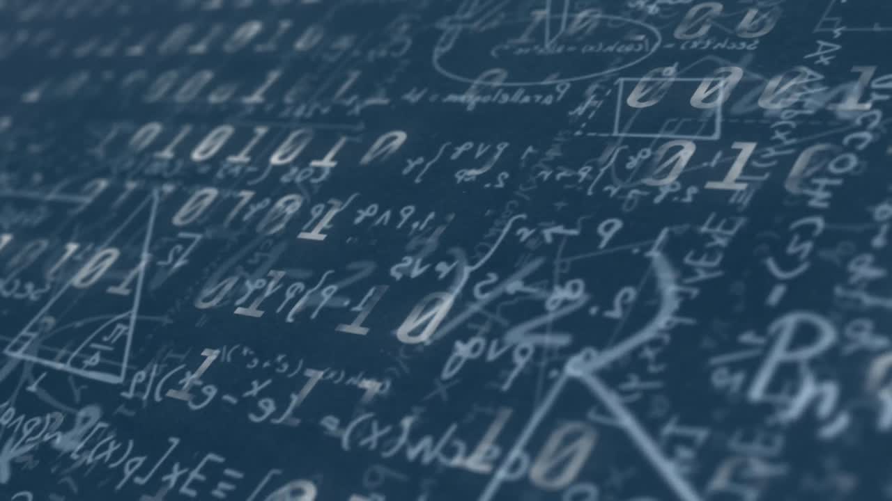 animación digital del procesamiento de datos de codificación binaria contra ecuaciones matemáticas sobre fondo azul