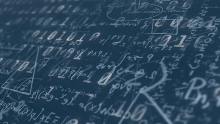 Digital animation of binary coding data processing against mathematical equations on blue background