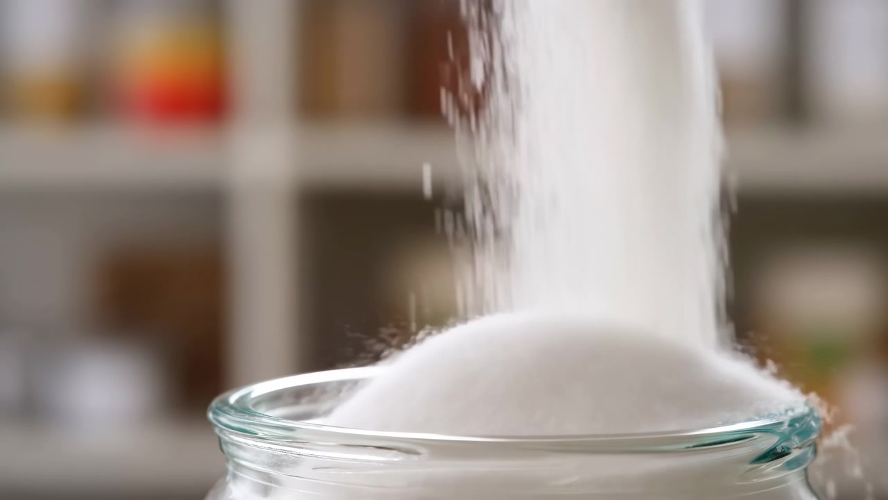 Primo piano ravvicinato di fini granuli bianchi che cadono a cascata in un barattolo di vetro trasparente, formando un mucchio liscio, mentre gli scaffali della cucina leggermente sfocati creano uno sfondo calmo e neutro.