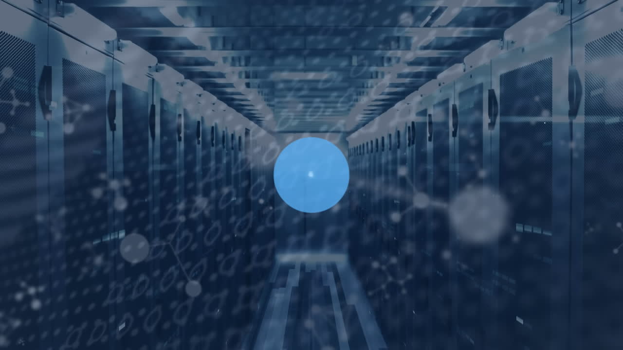 Animation of data processing and icons over server room