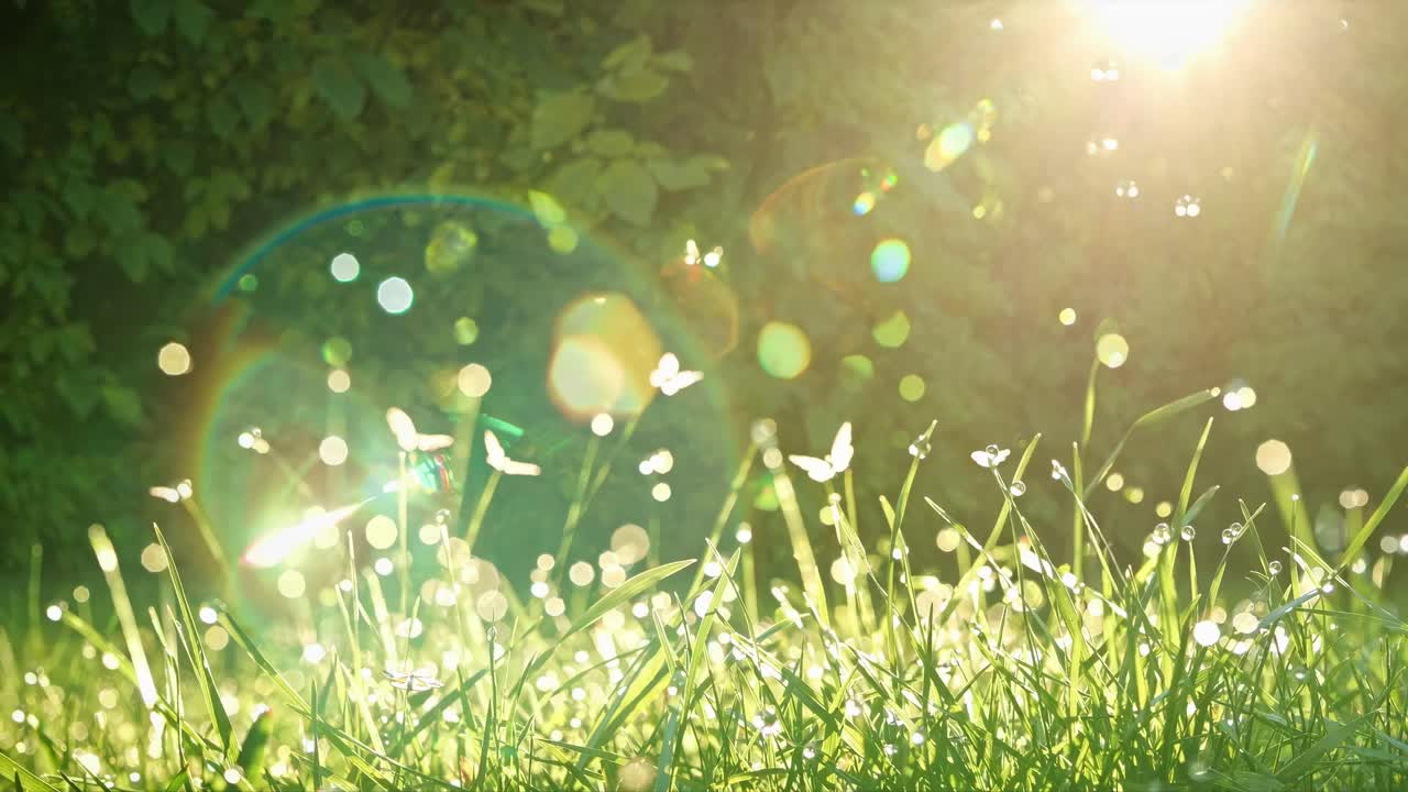 Sunlit meadow with butterflies, captured in a low-angle shot. The video evokes a serene, dreamy