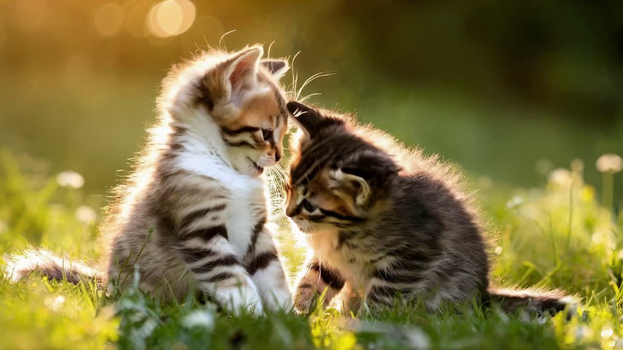 Due gattini in un prato soleggiato, catturati in un primo piano, angolazione dal basso, creando un'atmosfera calda e giocosa