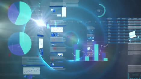 animation of statistical data processing against blue light trails in circular motion