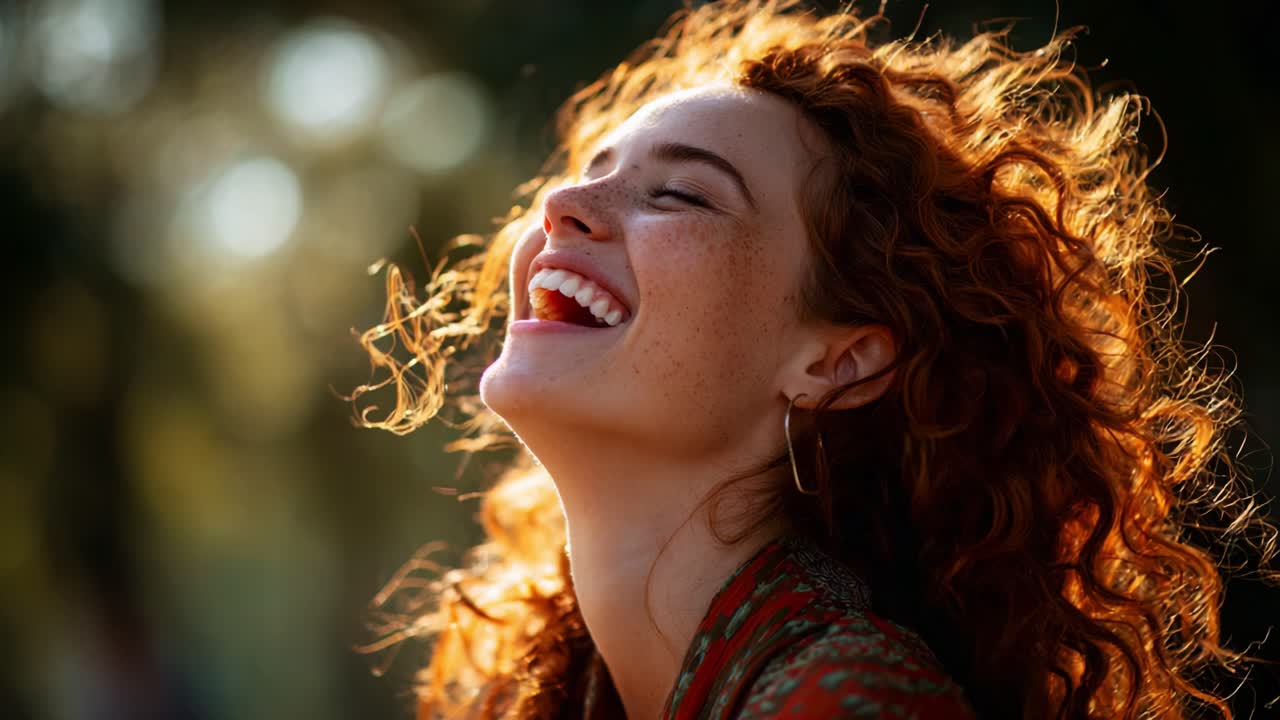 Joyful Moments Captured: A Young Woman with Curly Red Hair Smiling Radiantly Against a Sunlit Background, Embracing Happiness and Freedom in Nature's Embrace