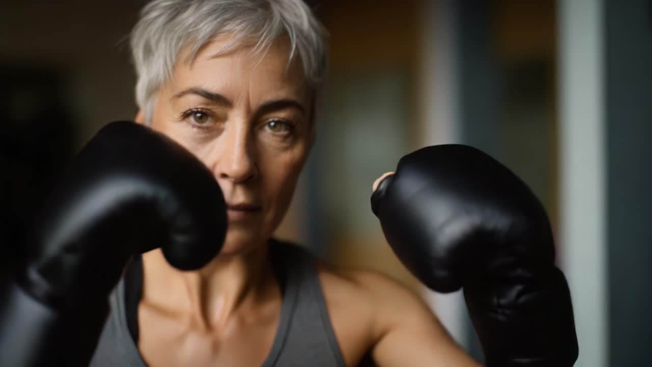 Boxeadora decidida entrenando con intensidad y concentración, demostrando fuerza y resistencia en un entorno de deportes de combate potente, lleno de motivación y energía