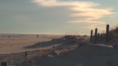 Blick-Auf-Sanddünen-Mit-Touristen-Auf-Brechenden-Wellen-Unter-Sonnenuntergang,-Umgeben-Von-Fliegenden-Vögeln---Breite,-Statische-Aufnahme