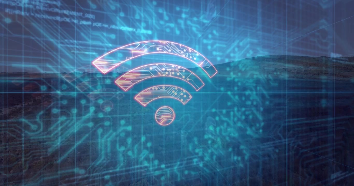 Wi-Fi symbol emerging from sun glare, overlay pulsing and streaming to visualize network