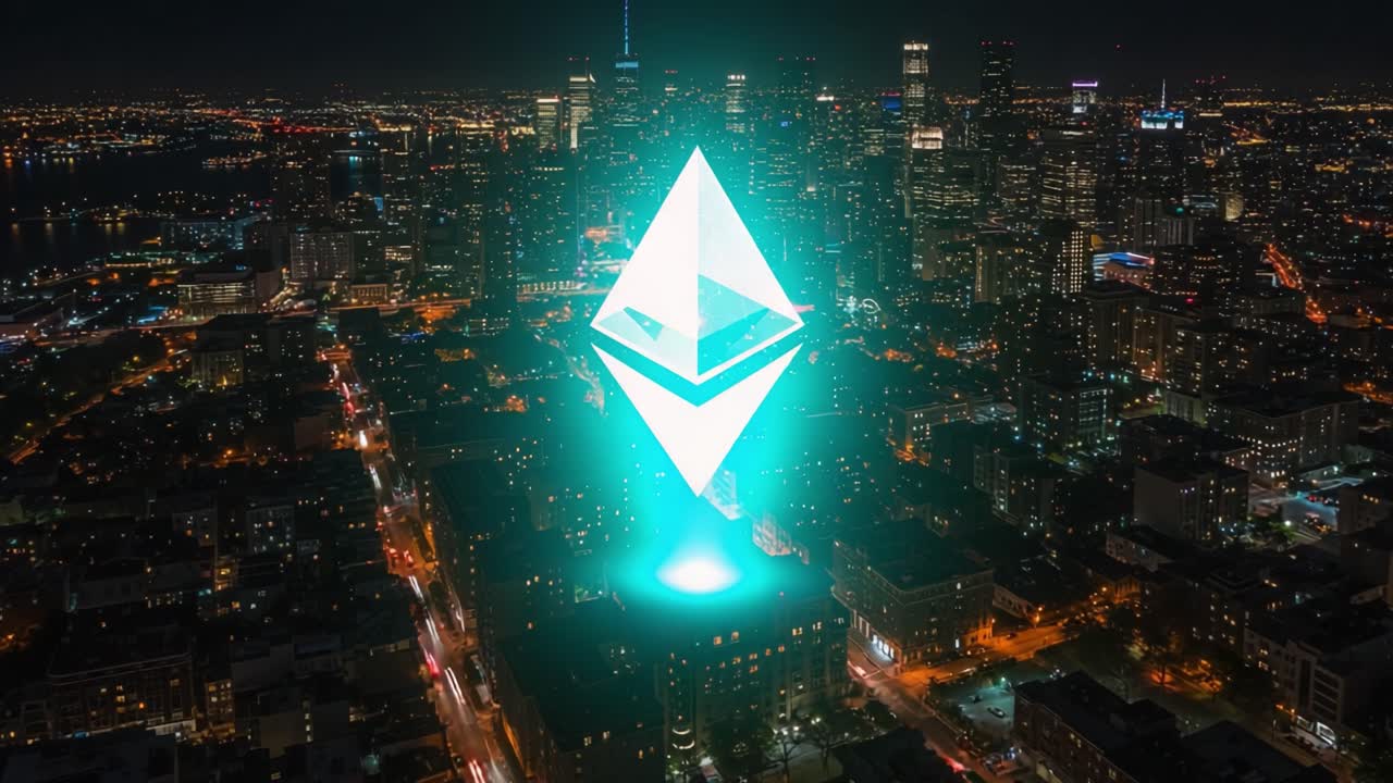 A Stunning Aerial View of a Cityscape at Night with a Glowing Ethereum Logo Projected Above the Skyline, Illuminating the Urban Landscape with Vibrant Colors and Technology