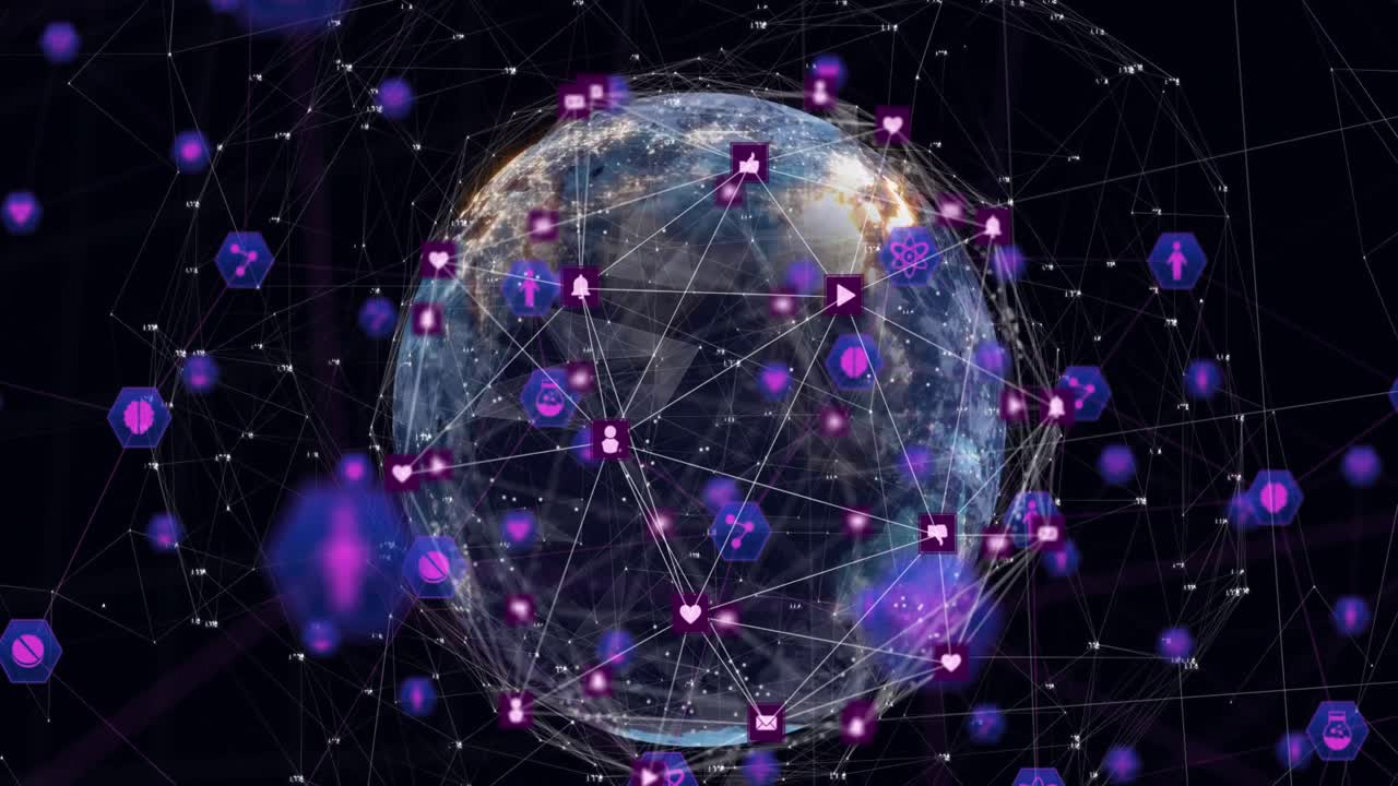 Animation of connected icons around rotating globe with numbers against black background