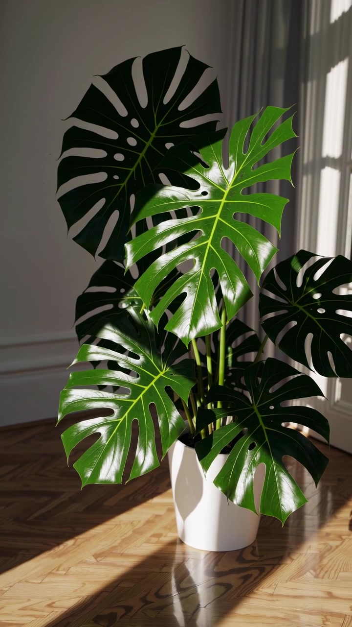 Pianta di Monstera Deliciosa in Vaso Bianco Sotto la Luce del Sole