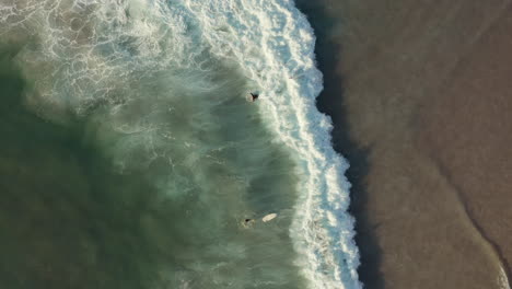 top down view of surfers at llandudno beach, cape town, south africa - aerial drone shot