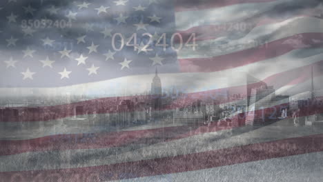 animation of changing numbers and waving us flag against aerial view of cityscape