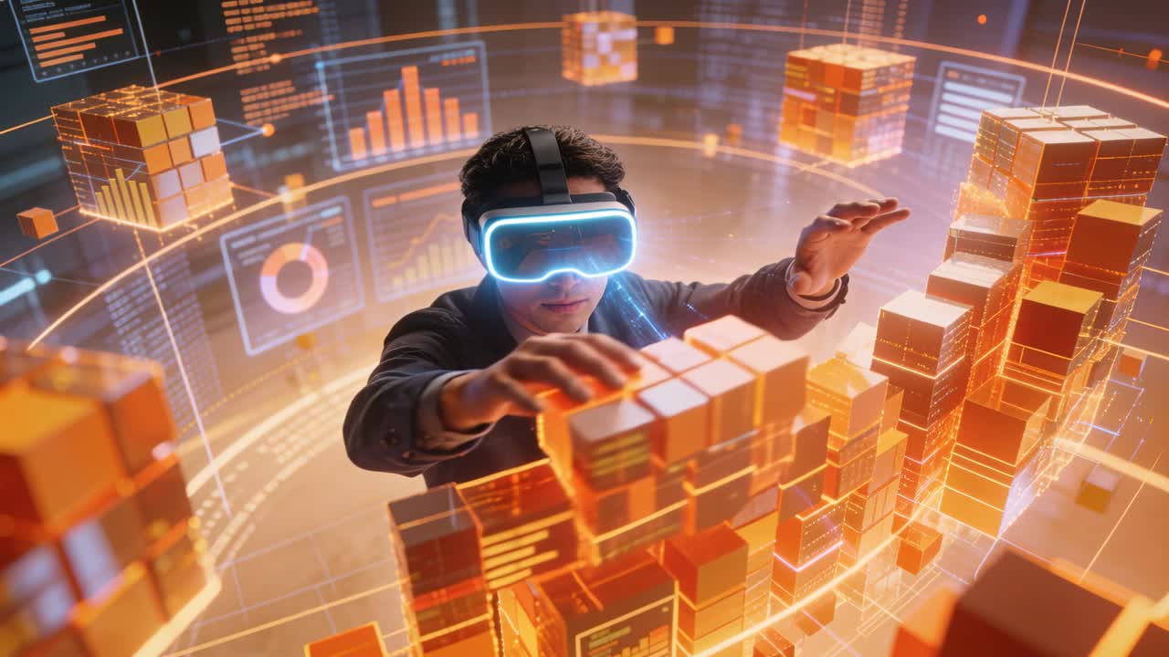 Reaching, suited analyst with VR headset sliding cube stacks in data lab, reordering dashboards