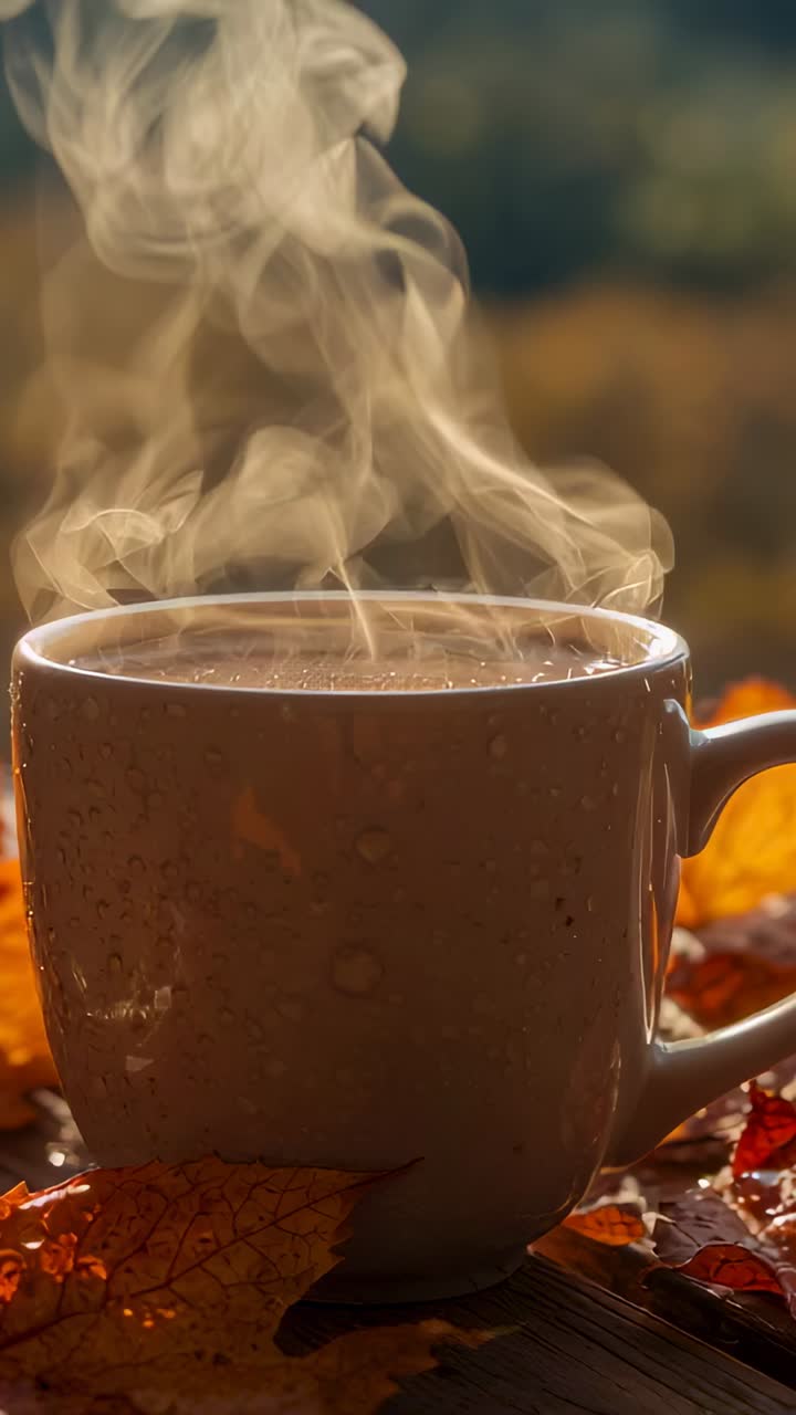 Vertical video: Sending speckled mug releasing steam at outdoor table as hot drink meeting cool air