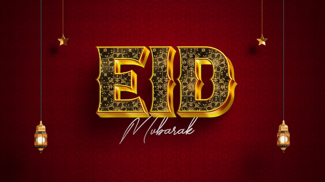 Lussuosa animazione di auguri per l’Eid Mubarak con tipografia dorata a motivi e sfondo festivo rosso