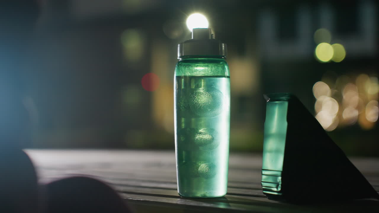 Blue colored water bottle filled with water standing on wooden table beside moving hand holding bread under blurred city lights capturing snack and hydration moment twilight outdoor workout pause
