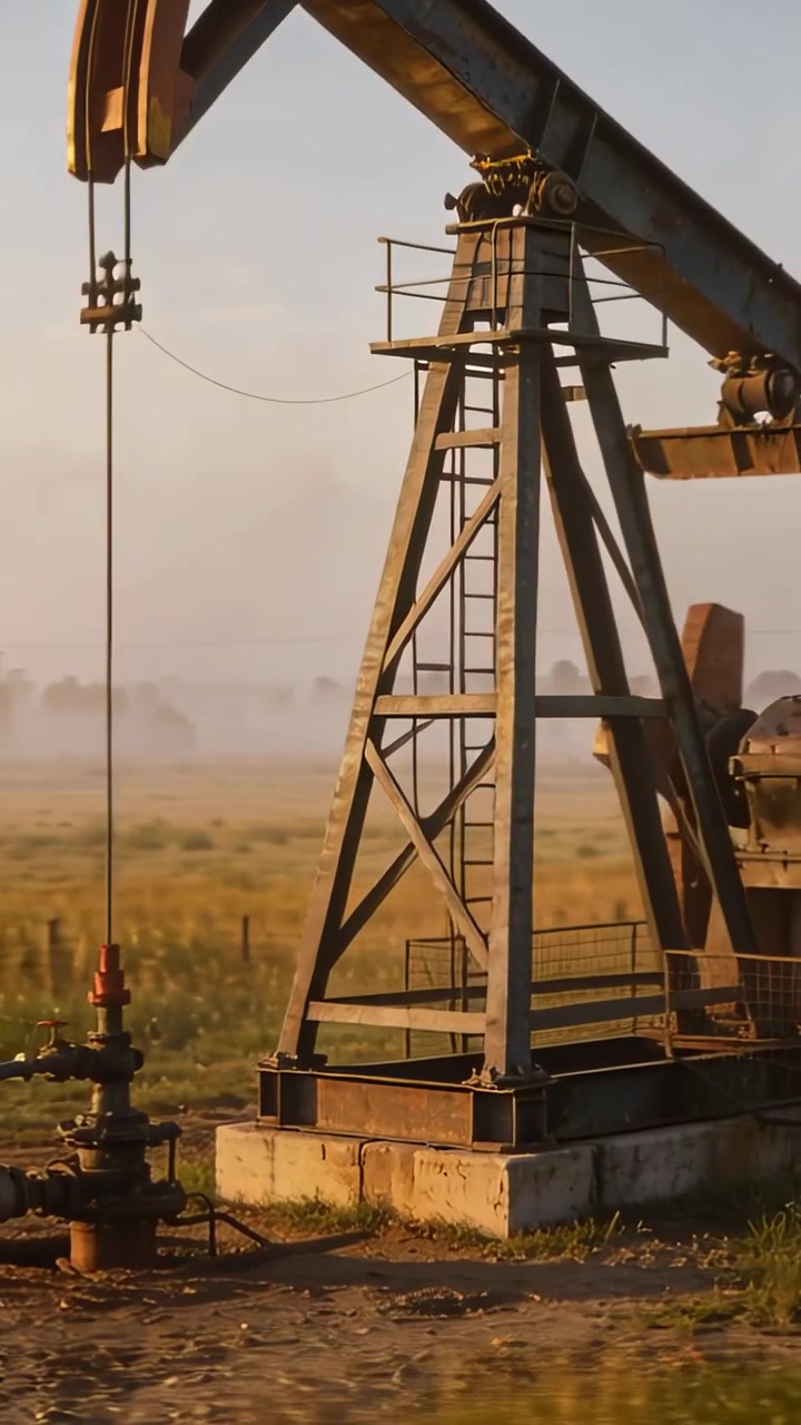 Vertical video: Rocking pumpjack beam, lowering rod toward wellhead on concrete pad, pumping oil