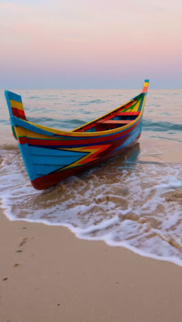 colorful longtail boat on a beach at sunset
