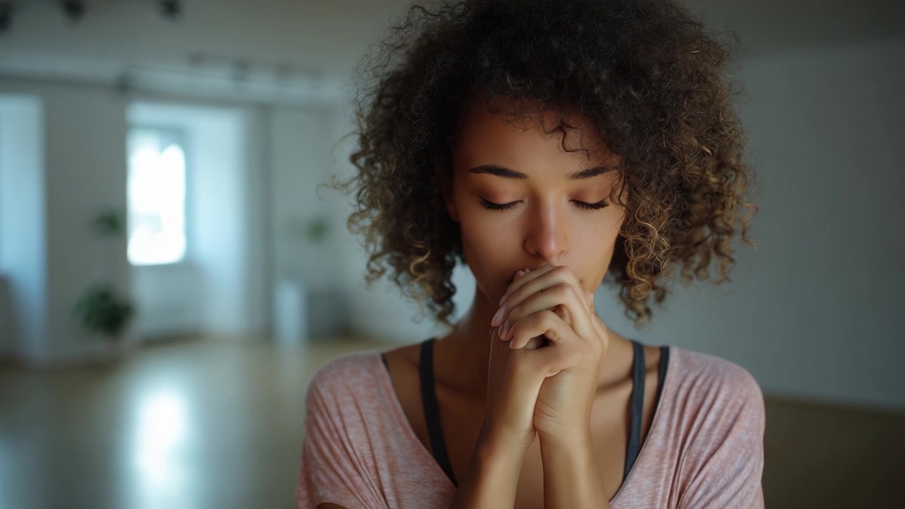 A contemplative moment captured as a thoughtful young woman reflects on her emotions, showcasing vulnerability and introspection in a serene indoor setting.