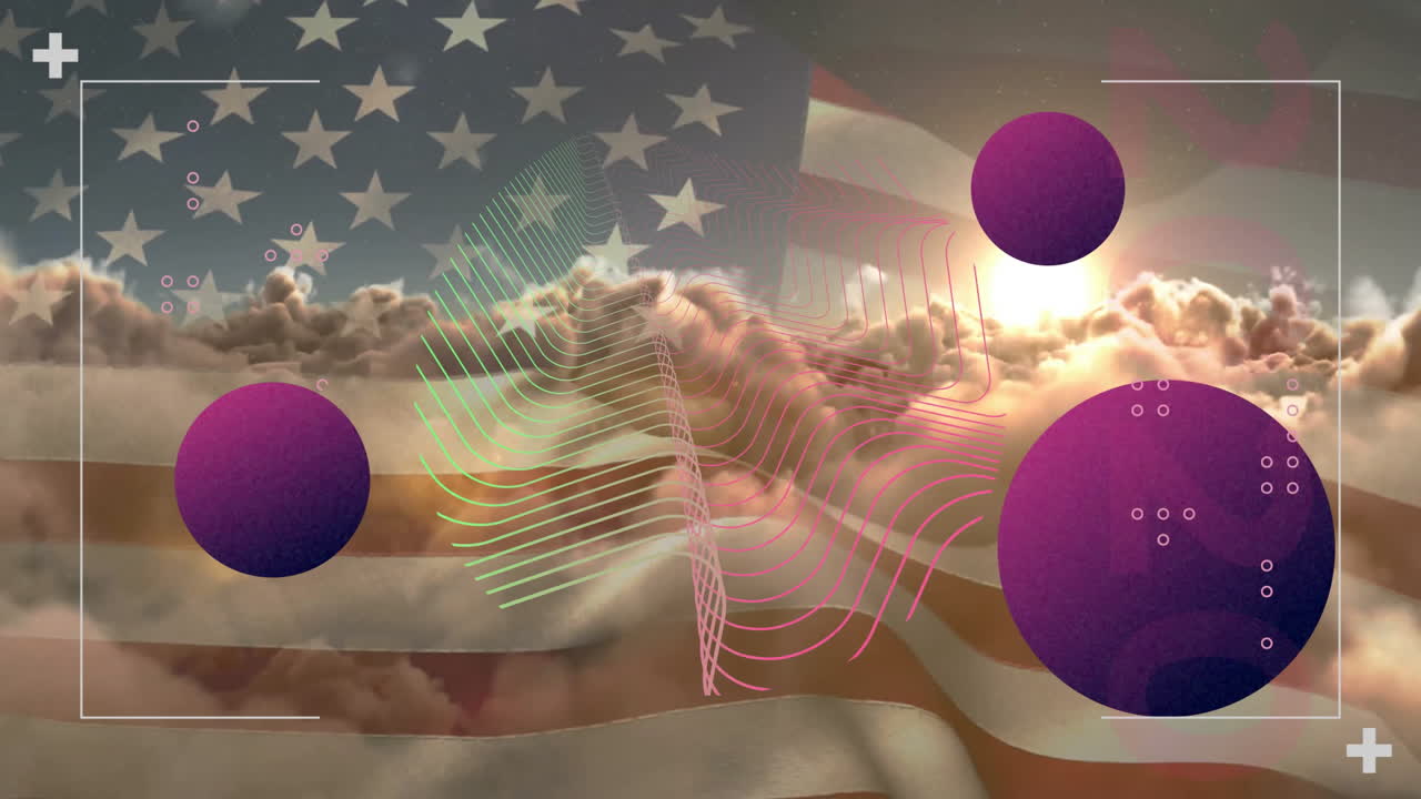 American flag with abstract purple shapes and lines overlaying clouds