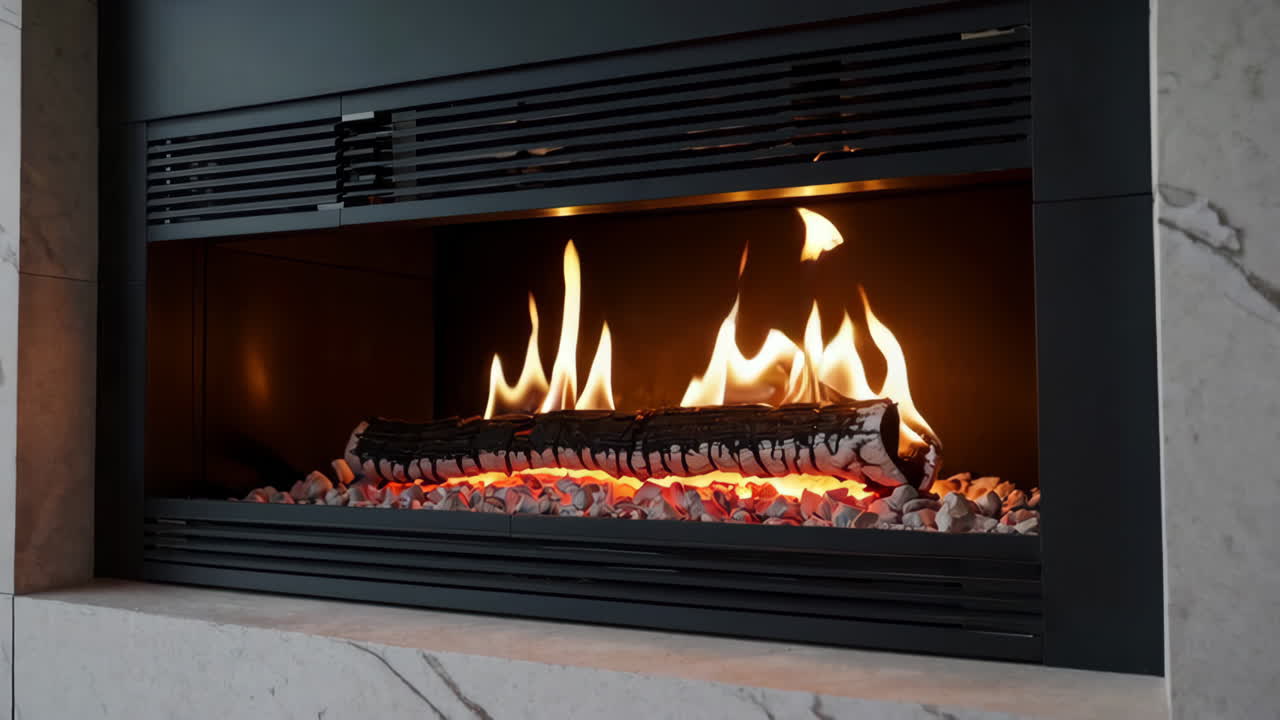 Modern Living Room with Fireplace and Patio View