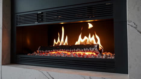modern living room with fireplace and patio view