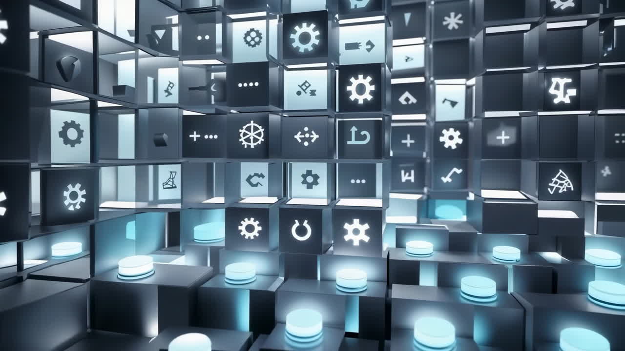 Abstract Digital System with Glowing Icons and Cubes