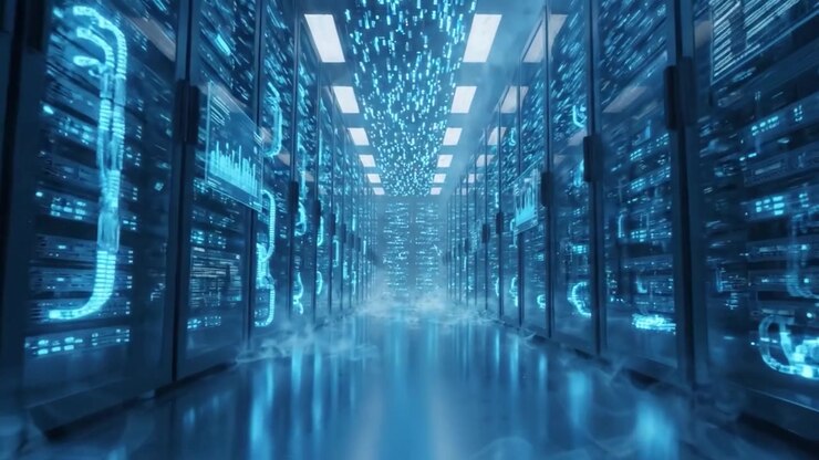 Futuristic Data Center Corridor: A Stunning View of High-Tech Server Racks Illuminated by Pulsating Blue Lights Surrounded by a Misty Atmosphere