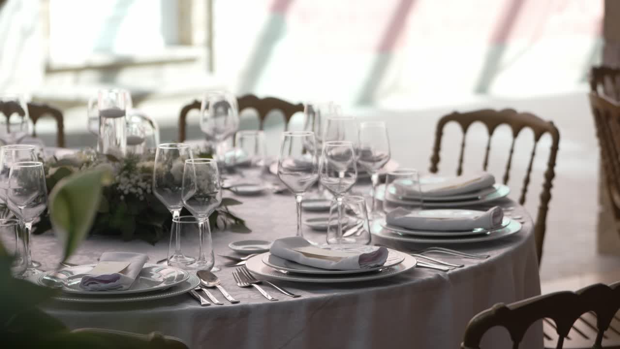 Sophisticated wedding table arrangement with glassware, floral centerpiece, and golden chairs