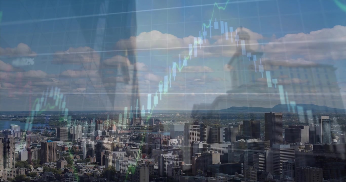 金融图表和数据处理覆盖城市景观的动画。