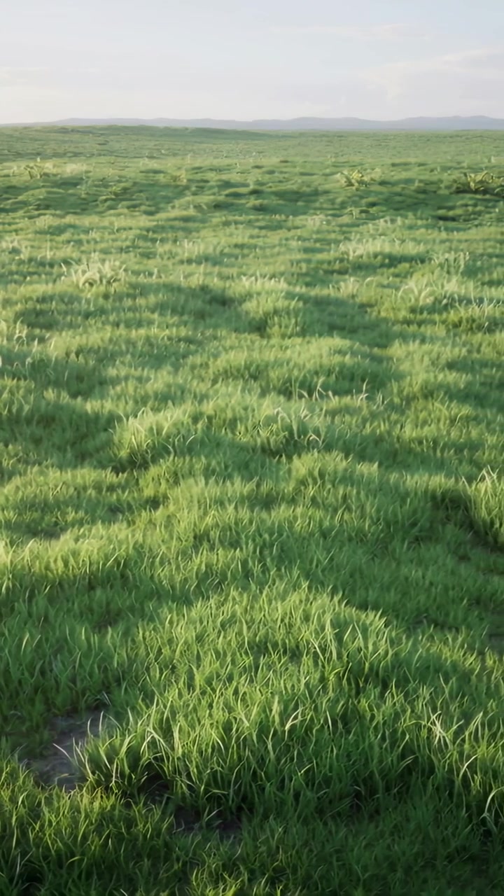 Video verticale: Erba a ciuffi che ondeggia spinta da una leggera brezza in un campo aperto, proiettando ombre