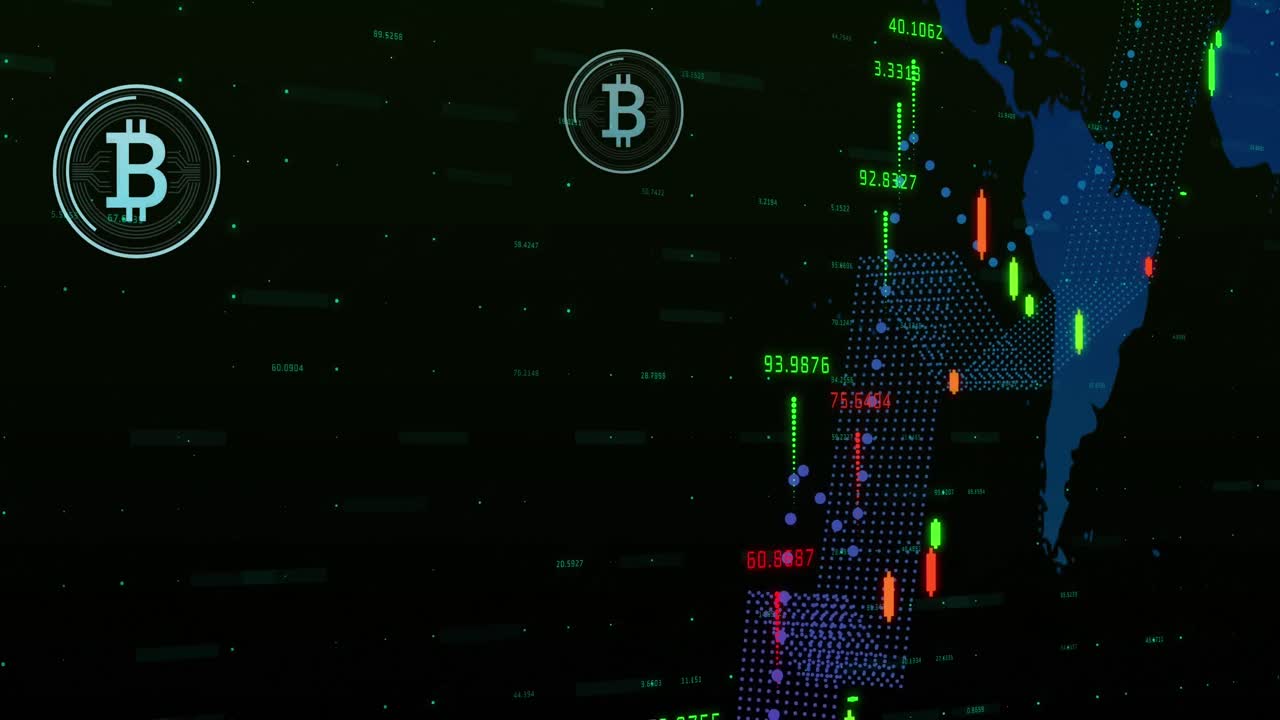animación del procesamiento de datos y el símbolo de bitcoin sobre fondo negro