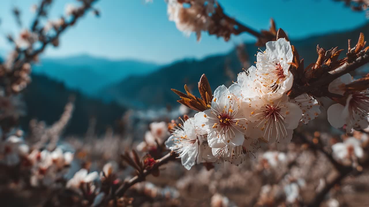 A Breathtaking Close-Up of Delicate Blossoms in Soft Morning Light Amidst a Scenic Mountain Backdrop Capturing the Essence of Nature's Beauty and Serenity