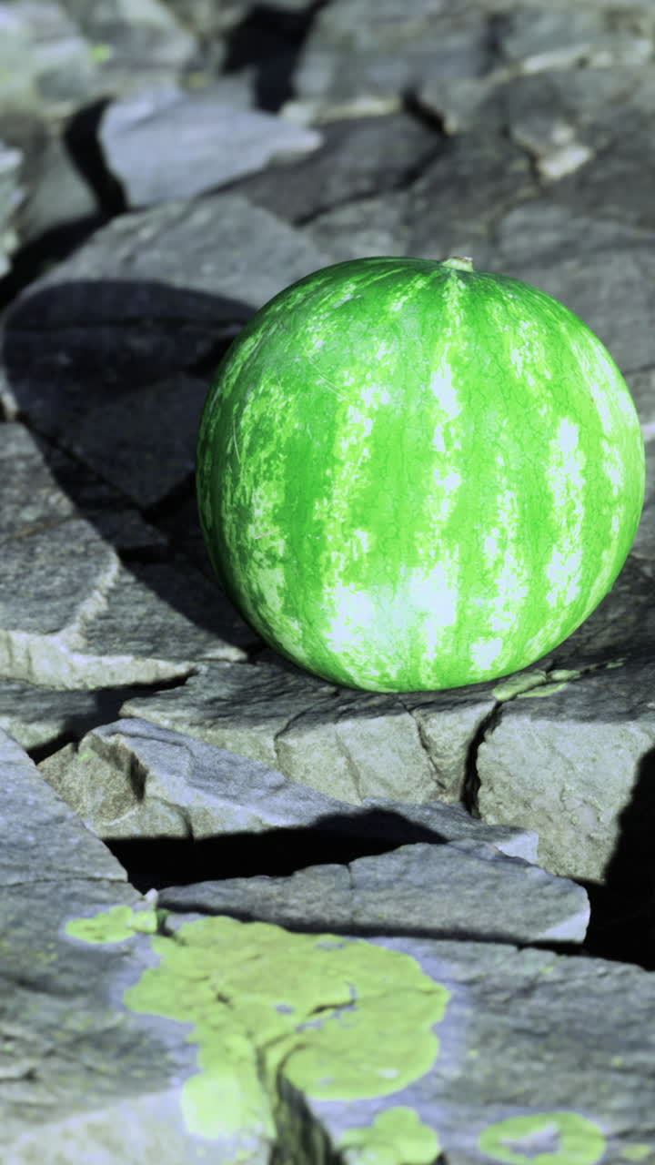 Colorful watermelon on cracked stones showcasing natures contrast