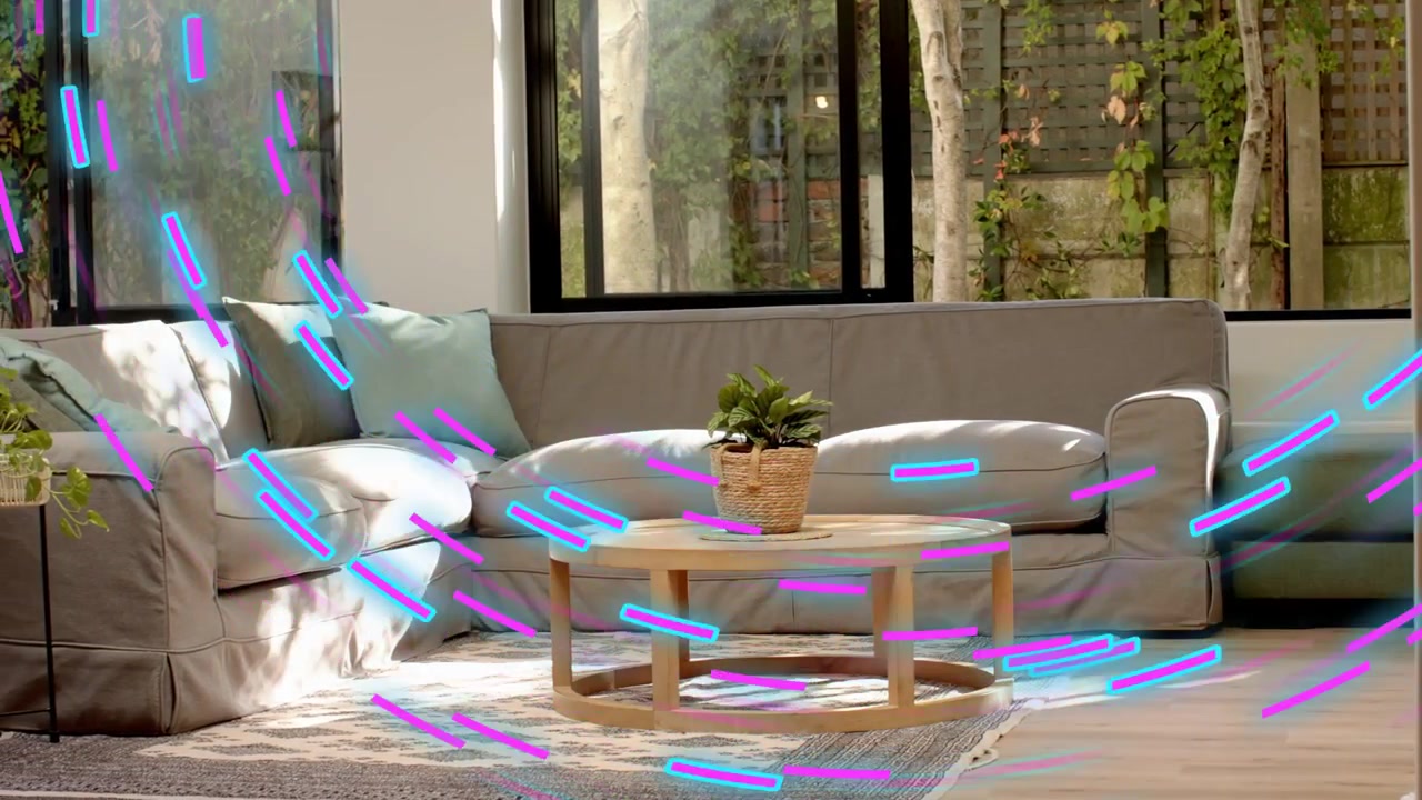 Avvio della riproduzione, seduta statica, strisce magenta-ciano che si estendono sul divano, tavolo per il design