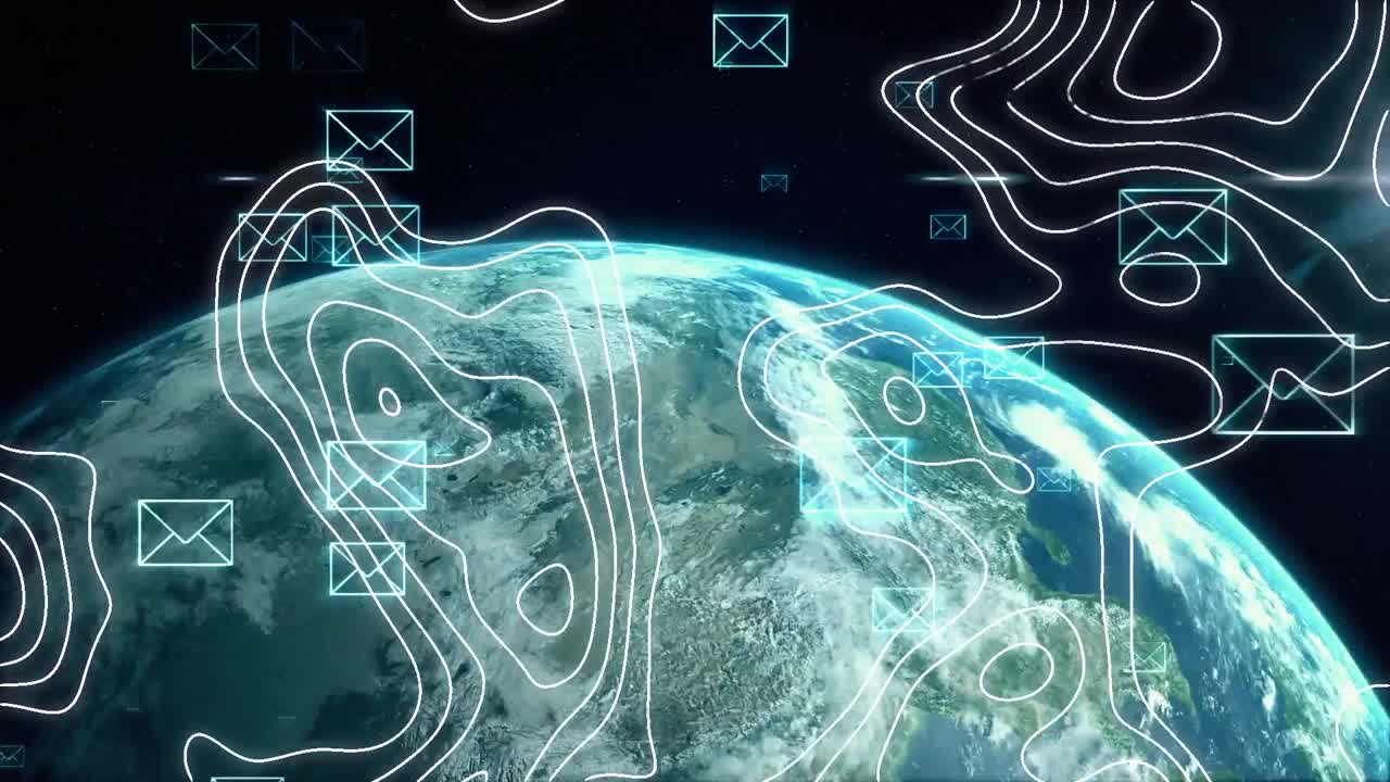Animation of network of connections with white lines and envelopes over globe