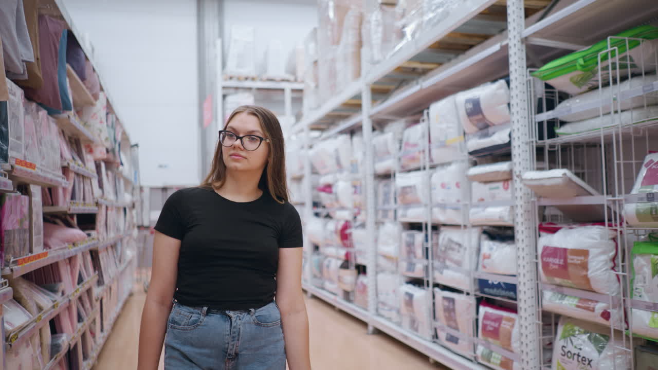 joven con camiseta negra y vaqueros caminando por el pasillo del supermercado cerca de productos textiles, centrándose en las mercancías expuestas en los estantes, con ropa de cama y artículos esenciales para el hogar ordenadamente dispuestos