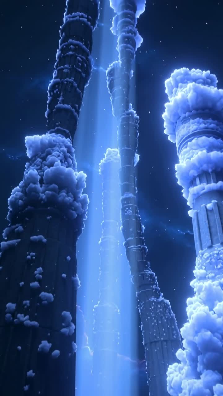Vertical video: Lighting central blue shaft drawing cloud plumes around pillars in void with flecks