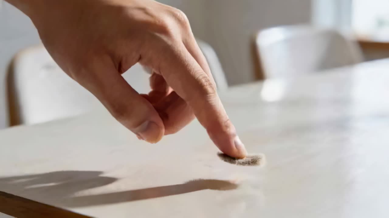 Noticing lint, bare hand reaching and lifting fuzz from light tabletop at home, cleaning surface