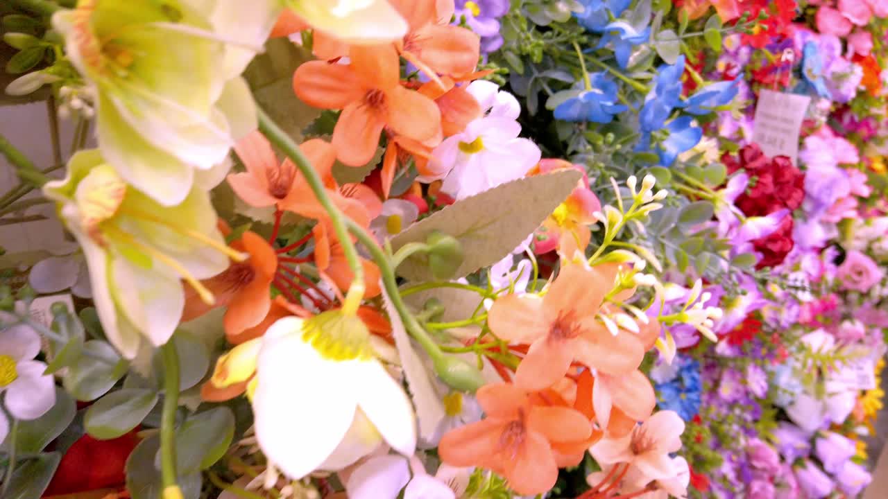 Close-up of artificial flowers in various colors and shapes arranged on a store display, captured with zoom out